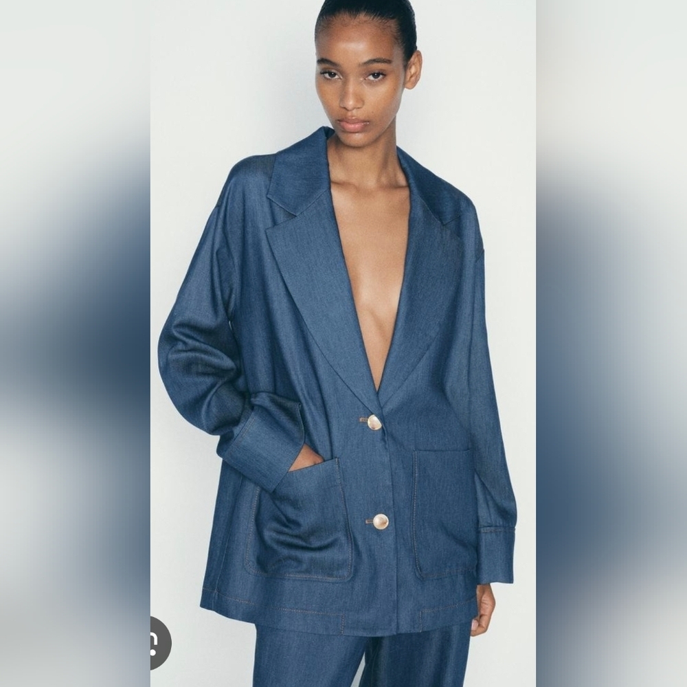 Blue Zara Denim Effect Oversized Blazer. Size S-M